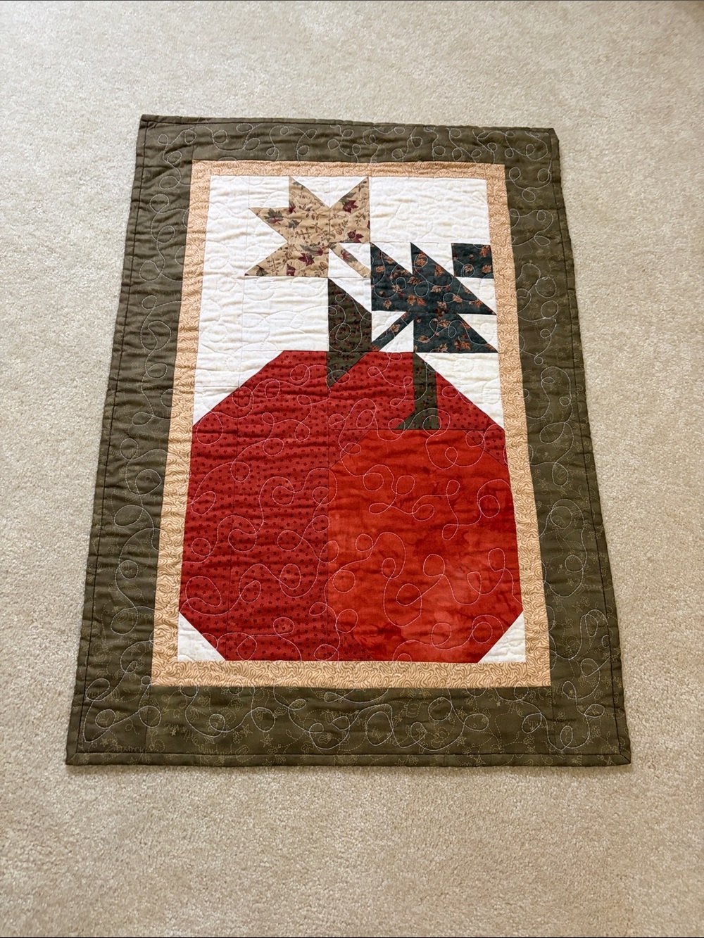 Handmade Red Pumpkin Patch Quilt Wall Hanging - Olive Border